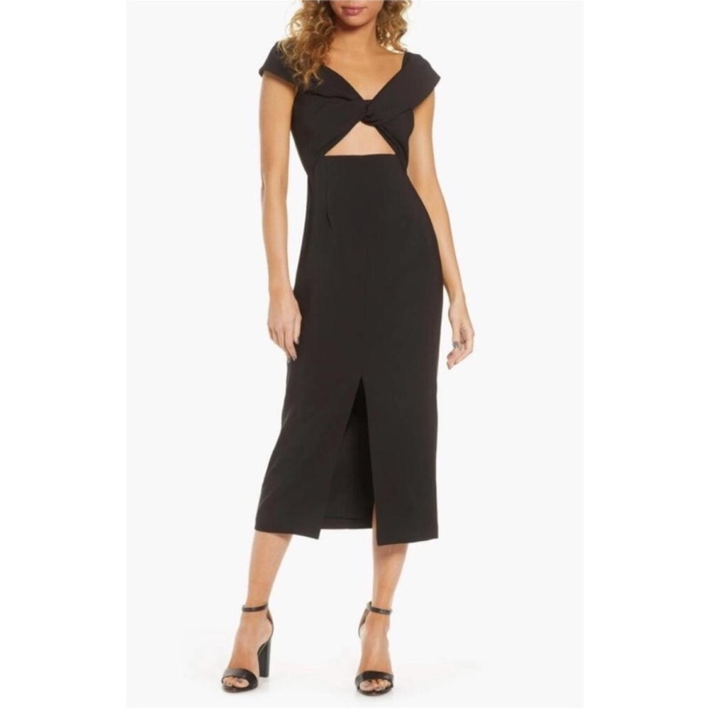 Finders Keepers Mae Black Twist Front Cutout Off the Shoulder Midi Dress- size 4
